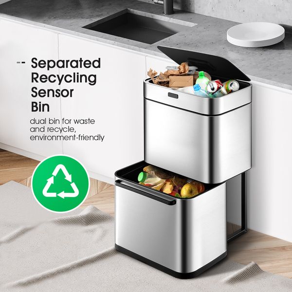 80L Dual Rubbish Bin Sensor Recycling Kitchen Waste Trash Garbage Can Stainless Steel Silver