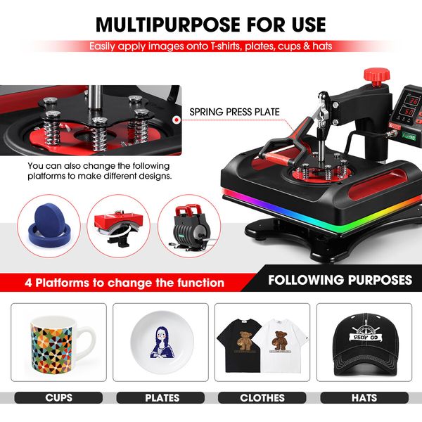 5-In-1 Digital Heat Press Machine Transfer Swivel Sublimation Printer Printing 1000W LCD Screen 29X38CM