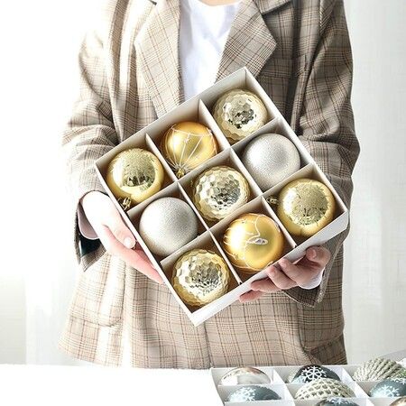 8CM Christmas Balls Gift Box 9PCS Christmas Tree Decoration Painted Christmas Gift Package Balls, Gold