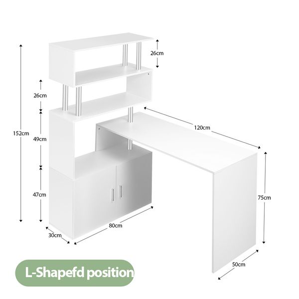 Office Computer Desk L Shaped Rotating Corner Study Home Writing Table 3 Bookshelf 2 Cabinet White