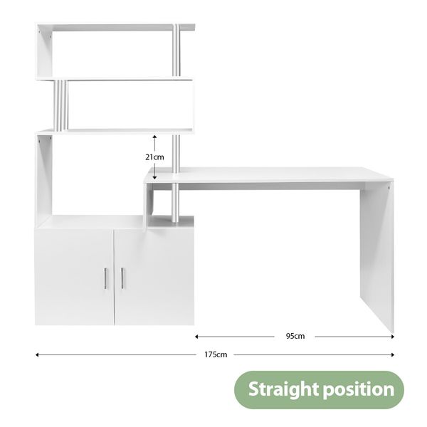 Office Computer Desk L Shaped Rotating Corner Study Home Writing Table 3 Bookshelf 2 Cabinet White