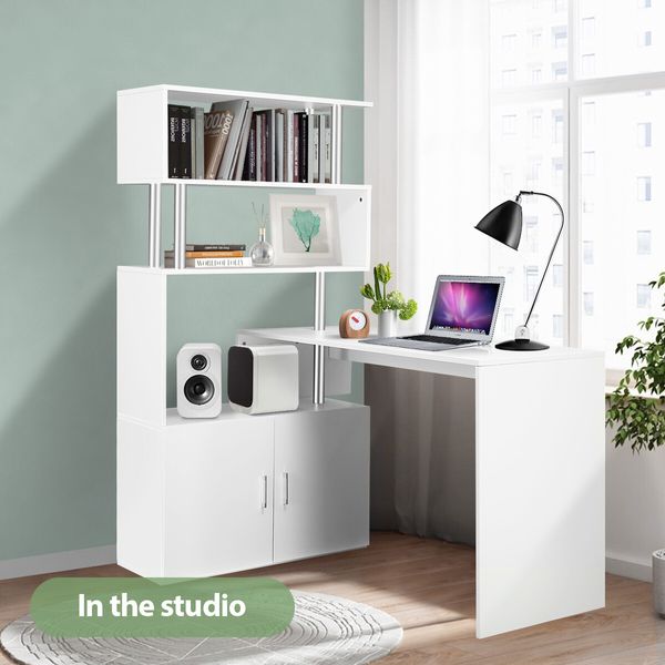 Office Computer Desk L Shaped Rotating Corner Study Home Writing Table 3 Bookshelf 2 Cabinet White