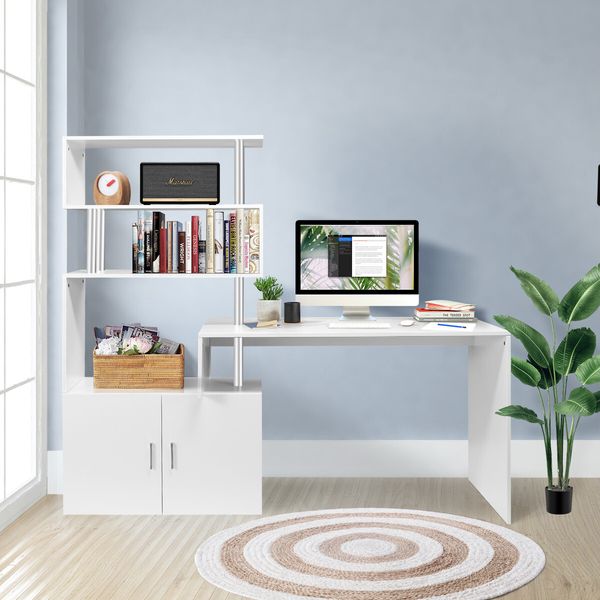 Office Computer Desk L Shaped Rotating Corner Study Home Writing Table 3 Bookshelf 2 Cabinet White