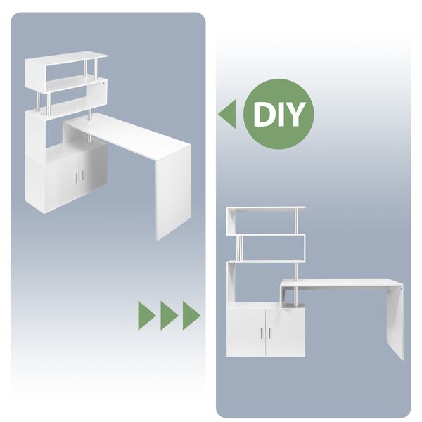 Office Computer Desk L Shaped Rotating Corner Study Home Writing Table 3 Bookshelf 2 Cabinet White