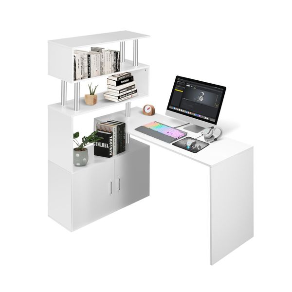 Office Computer Desk L Shaped Rotating Corner Study Home Writing Table 3 Bookshelf 2 Cabinet White