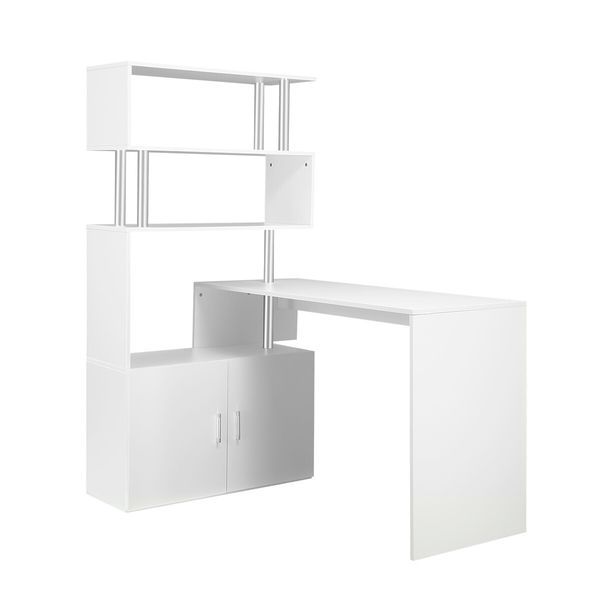 Office Computer Desk L Shaped Rotating Corner Study Home Writing Table 3 Bookshelf 2 Cabinet White