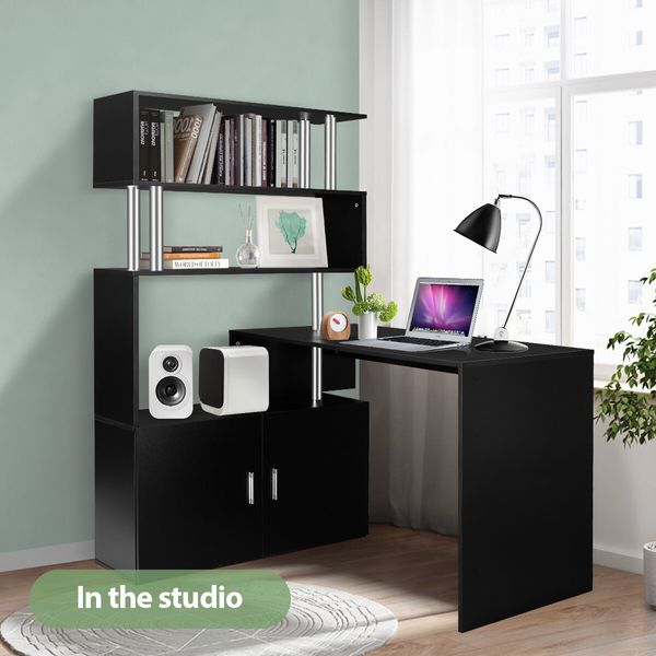 Office Computer Desk L Shaped Rotating Corner Study Home Writing Table 3 Bookshelf 2 Cabinet Black