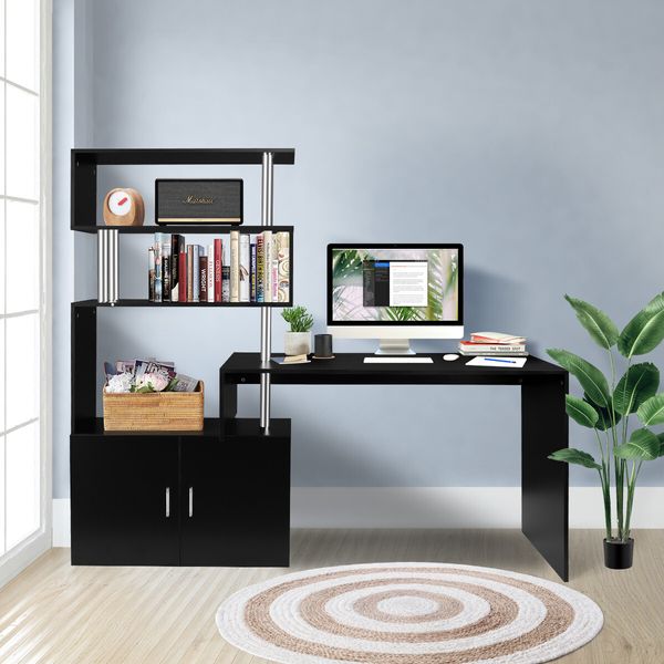 Office Computer Desk L Shaped Rotating Corner Study Home Writing Table 3 Bookshelf 2 Cabinet Black