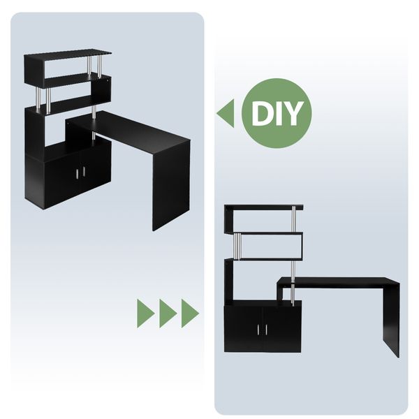 Office Computer Desk L Shaped Rotating Corner Study Home Writing Table 3 Bookshelf 2 Cabinet Black