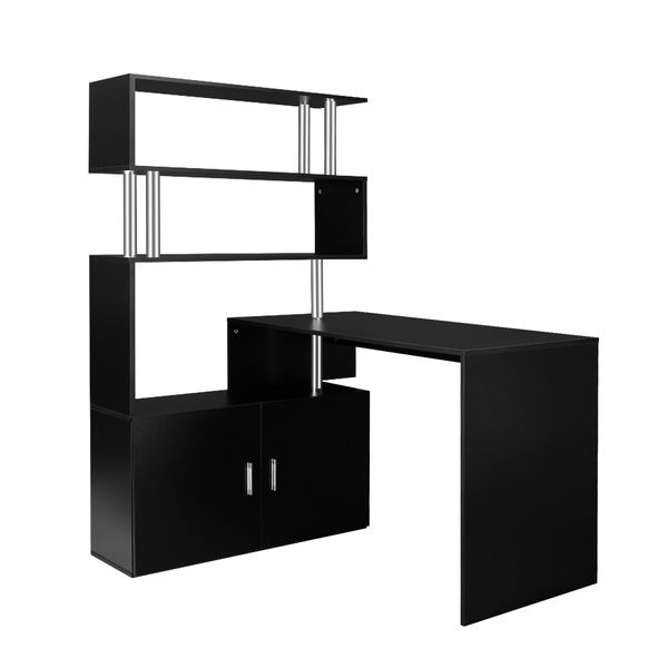 Office Computer Desk L Shaped Rotating Corner Study Home Writing Table 3 Bookshelf 2 Cabinet Black