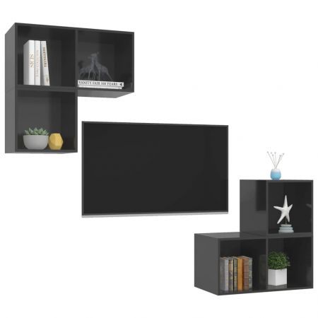 4 Piece TV Cabinet Set High Gloss Grey Chipboard