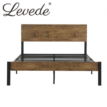 Levede Metal Bed Frame Queen Size Mattress Base Platform Wooden Headboard Brown