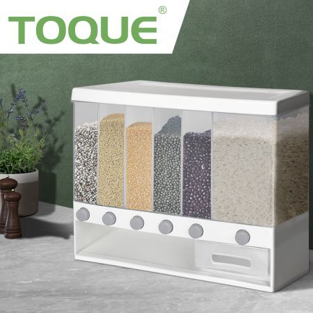 TOQUE Wall Mounted Cereal Dispenser 6 in 1 Dry Food Storage Container 10kg