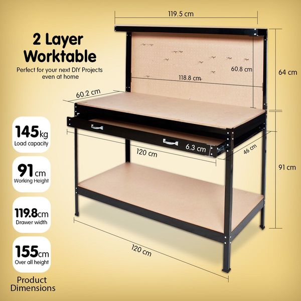 2-Layered Work Bench Garage Storage Table Tool Shop Shelf