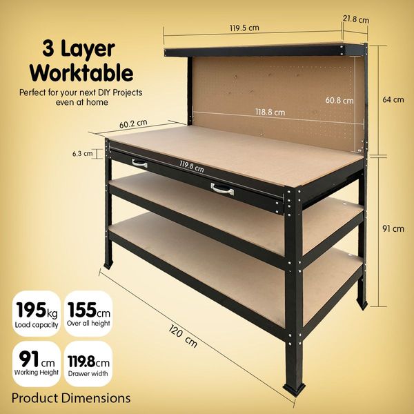 3-layer Steel Work Bench Garage Storage Table Tool Shop Shelf Pegboard Drawer