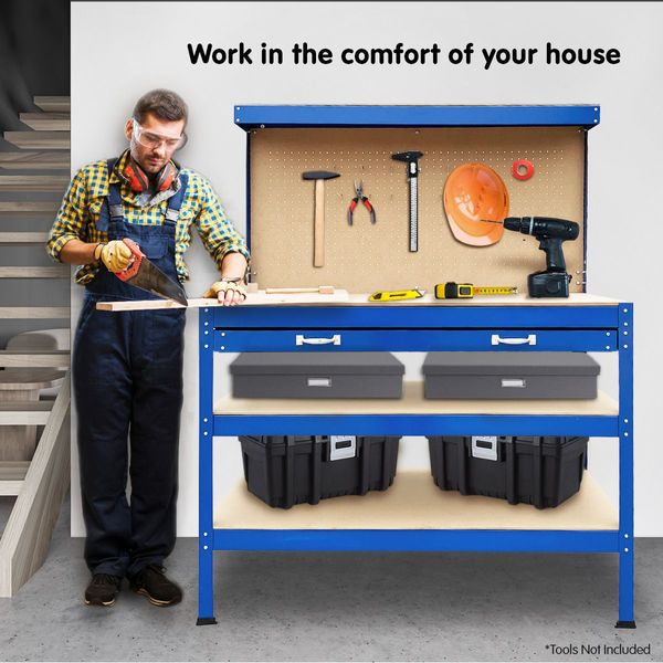 3-Layered Work Bench Garage Storage Table Tool Shop Shelf Blue