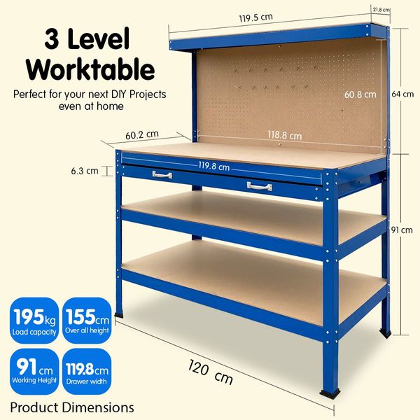 3-Layered Work Bench Garage Storage Table Tool Shop Shelf Blue