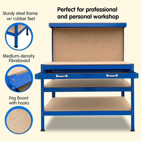 3-Layered Work Bench Garage Storage Table Tool Shop Shelf Blue