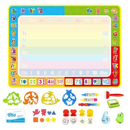 Magic Doodle Mat with Pens Stamps Cartoon Theme Water Coloring Rug Drawing Carpet Painting Educational Toy for Girl Boy Kids