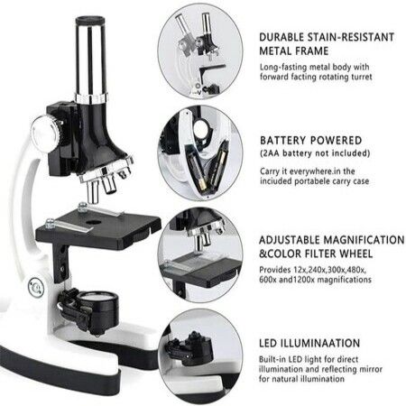 Kids Microscope Set with 1200X Magnification and 28 Pieces Educational Science Kit with Plastic Slides Carrying Box for Learning