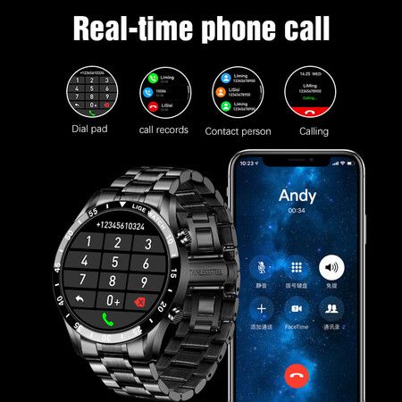 2021 Full Circle Touch Screen Steel Band Luxury Bluetooth Call Men Smart Watch Waterproof Sport Activity Fitness Watch+Box Black