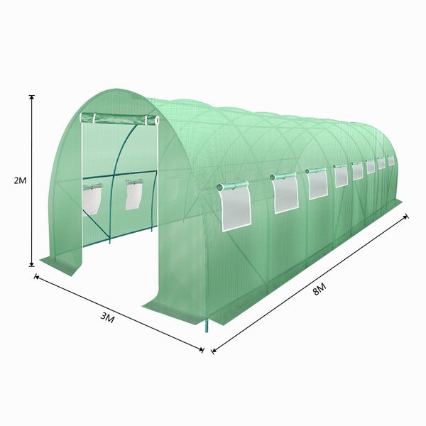 8x3x2m Greenhouse Large Portable Walk In Tunnel Backyard Garden Outdoor with PE Cover 16 Vents