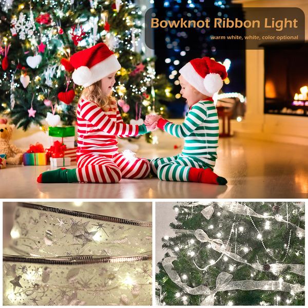 Christmas Fairy String Lights 50 LED 5M Copper Wire Ribbon Bows Lights For Battery Power Christmas Tree Decorations