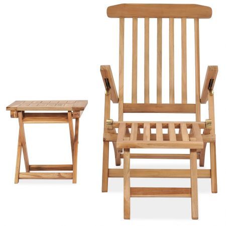 Garden Deck Chair with Footrest and Table Solid Teak Wood