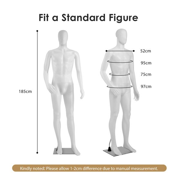 Male Mannequin 185CM Full Body Manikin Display Stand Dress Form Adjustable Detachable White