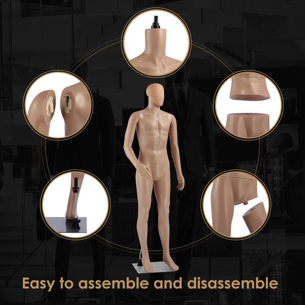 Male Mannequin 185CM Full Body Manikin Display Stand Dress Form Adjustable Detachable Skin Tone