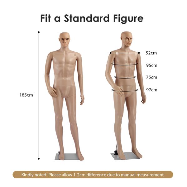 185CM Male Mannequin Full Body Manikin Display Stand Dress Form Adjustable Detachable Skin Tone