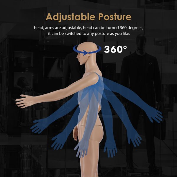 185CM Male Mannequin Full Body Manikin Display Stand Dress Form Adjustable Detachable Skin Tone