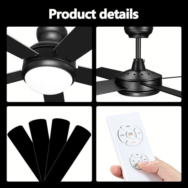 48 Inch Ceiling Fan with LED Lights Remote Control Electric Cooling 5 Blades 3 Speed Timer Black and walnut