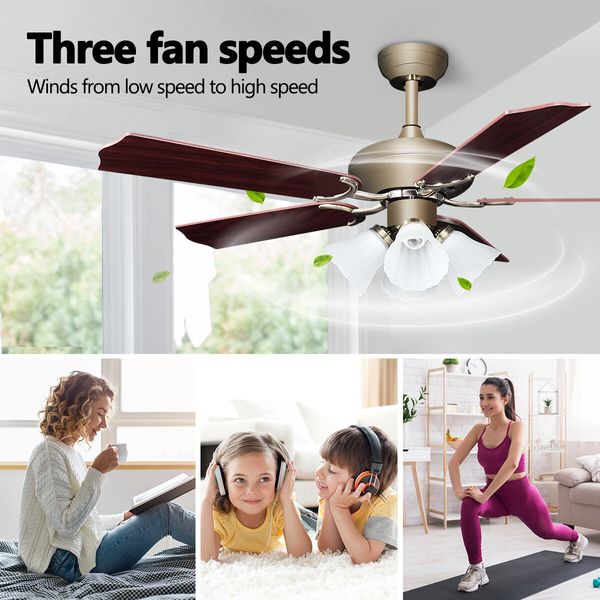 52 Inch Ceiling Cooling Fan with Lights Remote Control 4 Blades 3 Speed Timer Brown