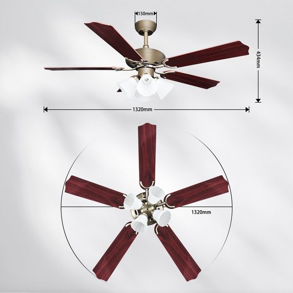 52 Inch Ceiling Cooling Fan with Lights Remote Control 4 Blades 3 Speed Timer Brown