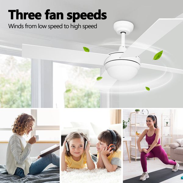 52 Inch Ceiling Cooling Fan with Lights and Remote LED Lamp 4 Blades 3 Speed Timer White