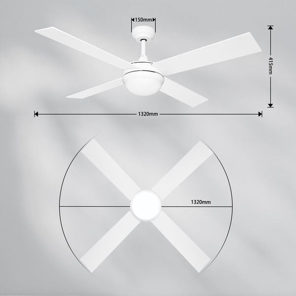 52 Inch Ceiling Cooling Fan with Lights and Remote LED Lamp 4 Blades 3 Speed Timer White