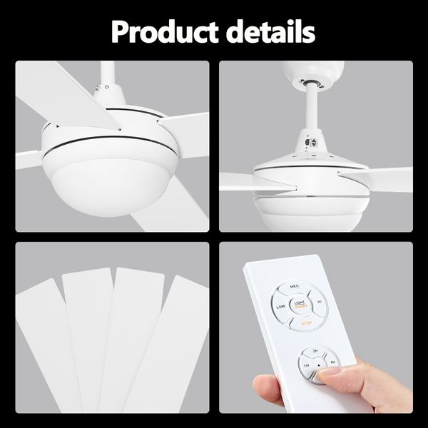 52 Inch Ceiling Cooling Fan with Lights and Remote LED Lamp 4 Blades 3 Speed Timer White