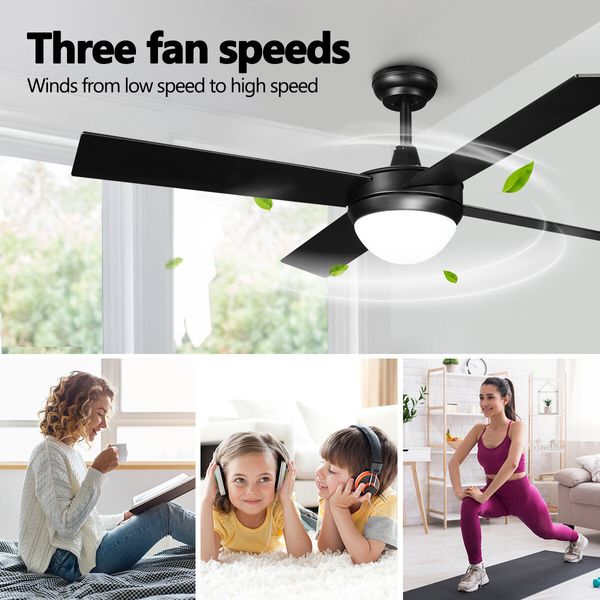 52 Inch Ceiling Cooling Fan with LED Lights and Remote Black 4 Blades 3 Speed Timing