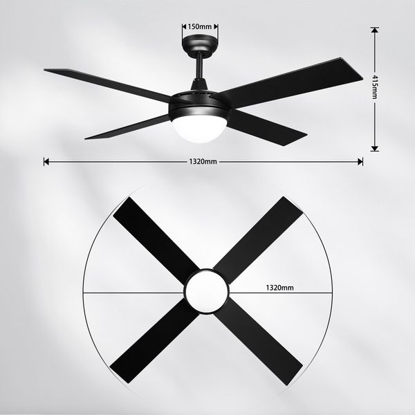 52 Inch Ceiling Cooling Fan with LED Lights and Remote Black 4 Blades 3 Speed Timing