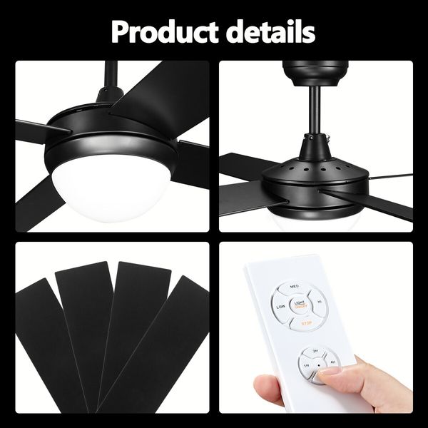 52 Inch Ceiling Cooling Fan with LED Lights and Remote Black 4 Blades 3 Speed Timing