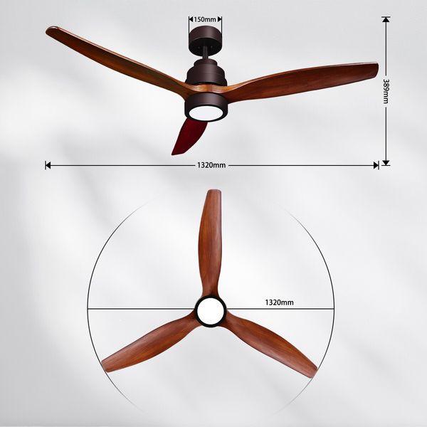 52 Inch Ceiling Cooling Fan with LED Lights Remote Control 3 Blades 5 Speed Timer Brown