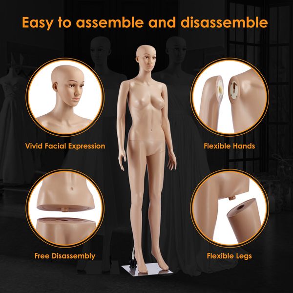 Female Mannequin Full Body Manikin Torso Display Stand Dress Form 175CM Adjustable Detachable Skin Tone