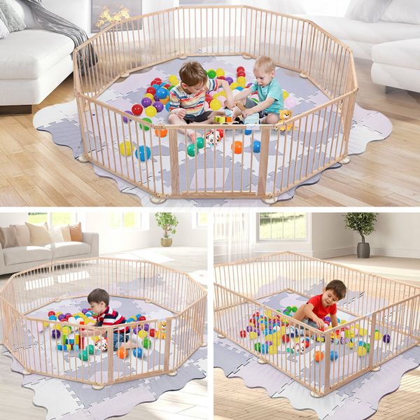 Kidbot Wooden Playpen Foldable Fence Kids Activity Centre Outdoor Playard 10 Panel