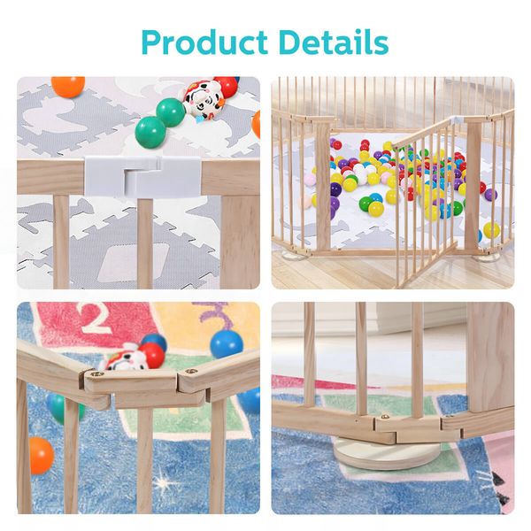 Kidbot Wooden Playpen Kids Activity Centre Foldable Fence Outdoor Playard 8 Panel 