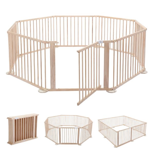 Kidbot Wooden Playpen Kids Activity Centre Foldable Fence Outdoor Playard 8 Panel 