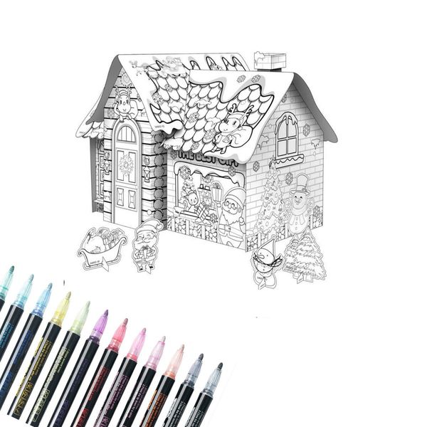 Christmas Painting Playhouse Cardboard Graffiti DIY Coloring and Drawing Doodle with 20 Pens Great Gift idea