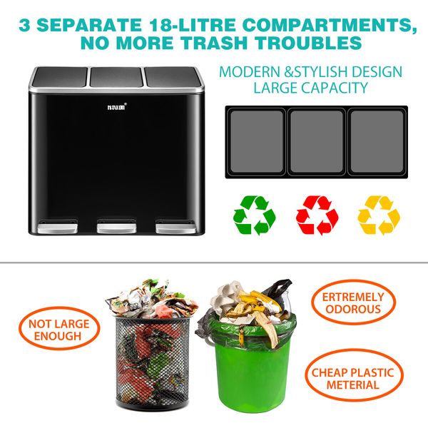 Maxkon 54L Pedal Bin Garbage Can Kitchen Dustbin Waste Management Triple Compartments