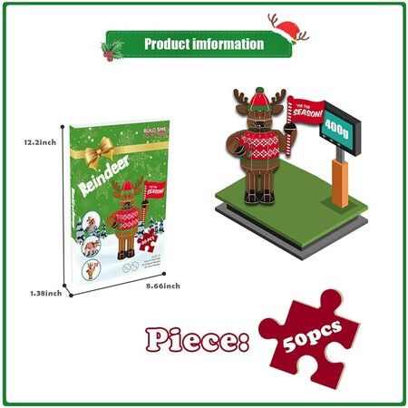 50pcs 3D Puzzle Reindeer Building Model Kit Christmas Decor Gifts Assemble Size 31x17x36.5cm