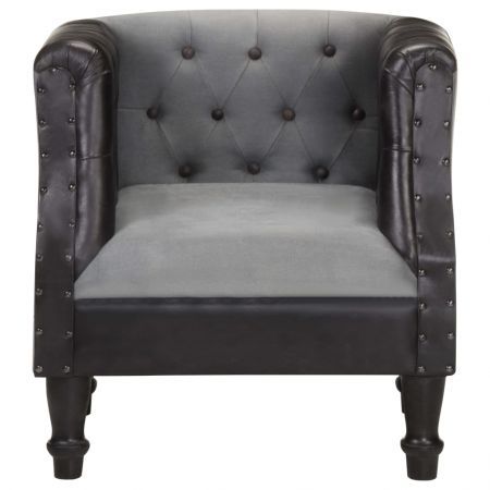 Tub Chair Black Real Leather and Solid Mango Wood